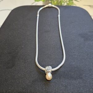 Pandora elegant silver  Necklace with Pearl Pendant